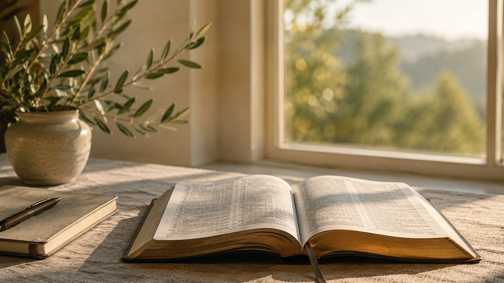 An open Bible and notebook resting in soft natural light beside a window.