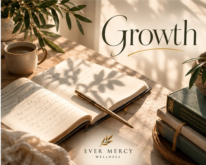 Ever Mercy branded Growth artwork: an open journal, pen, books, and botanical shadows in warm natural light.