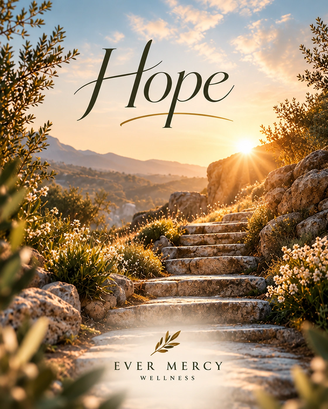 Ever Mercy branded Hope artwork: sunlit stone steps leading forward through a warm mountain landscape.