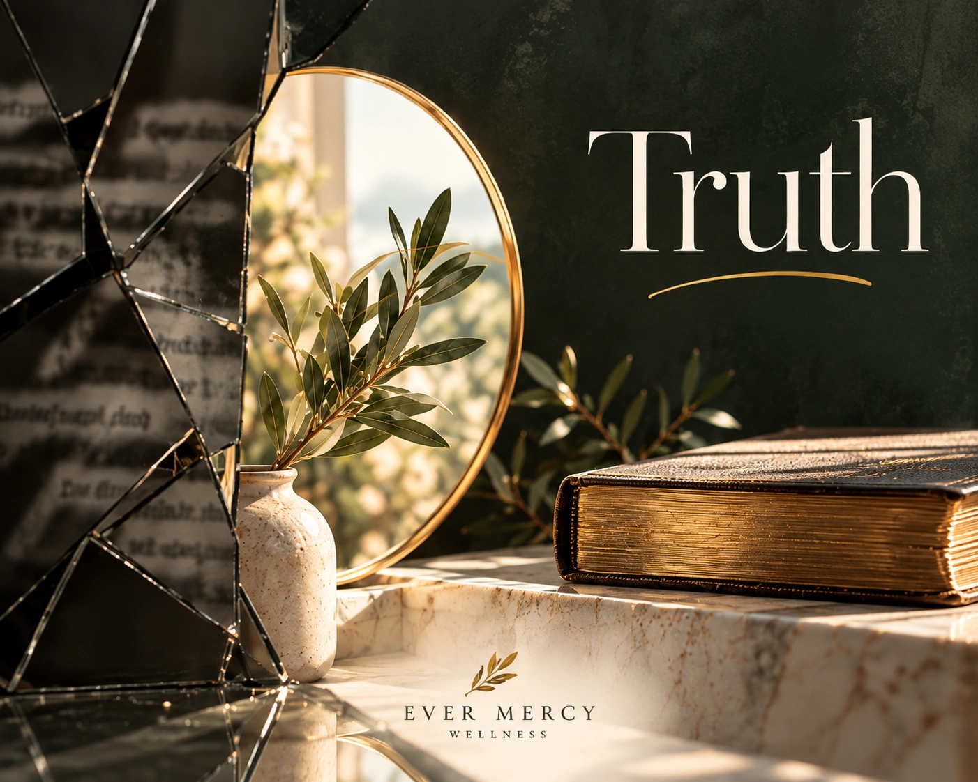 Ever Mercy branded Truth artwork: a fractured reflection beside a clear gold-rimmed mirror, greenery, and a book.