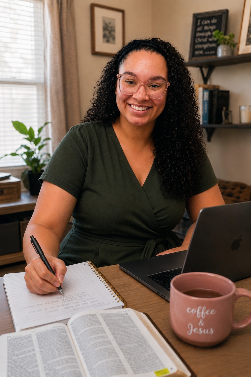 Brandy, founder of Ever Mercy Wellness, at her desk with a Bible and notebook