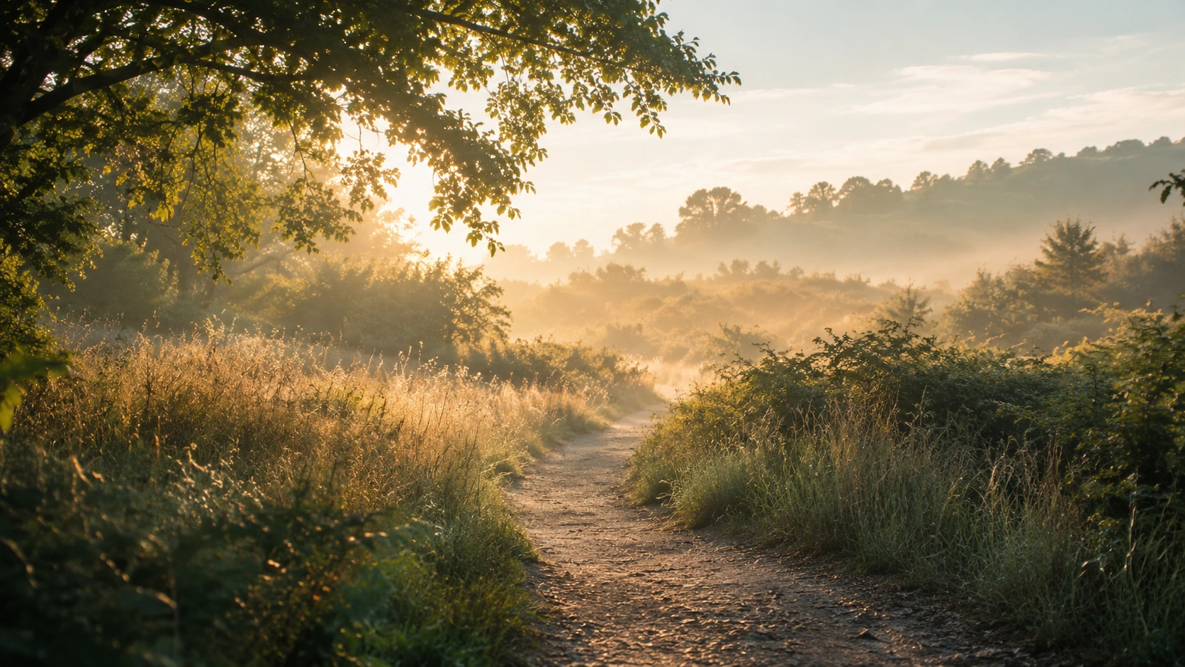 A quiet path through a sunlit meadow in warm morning light.