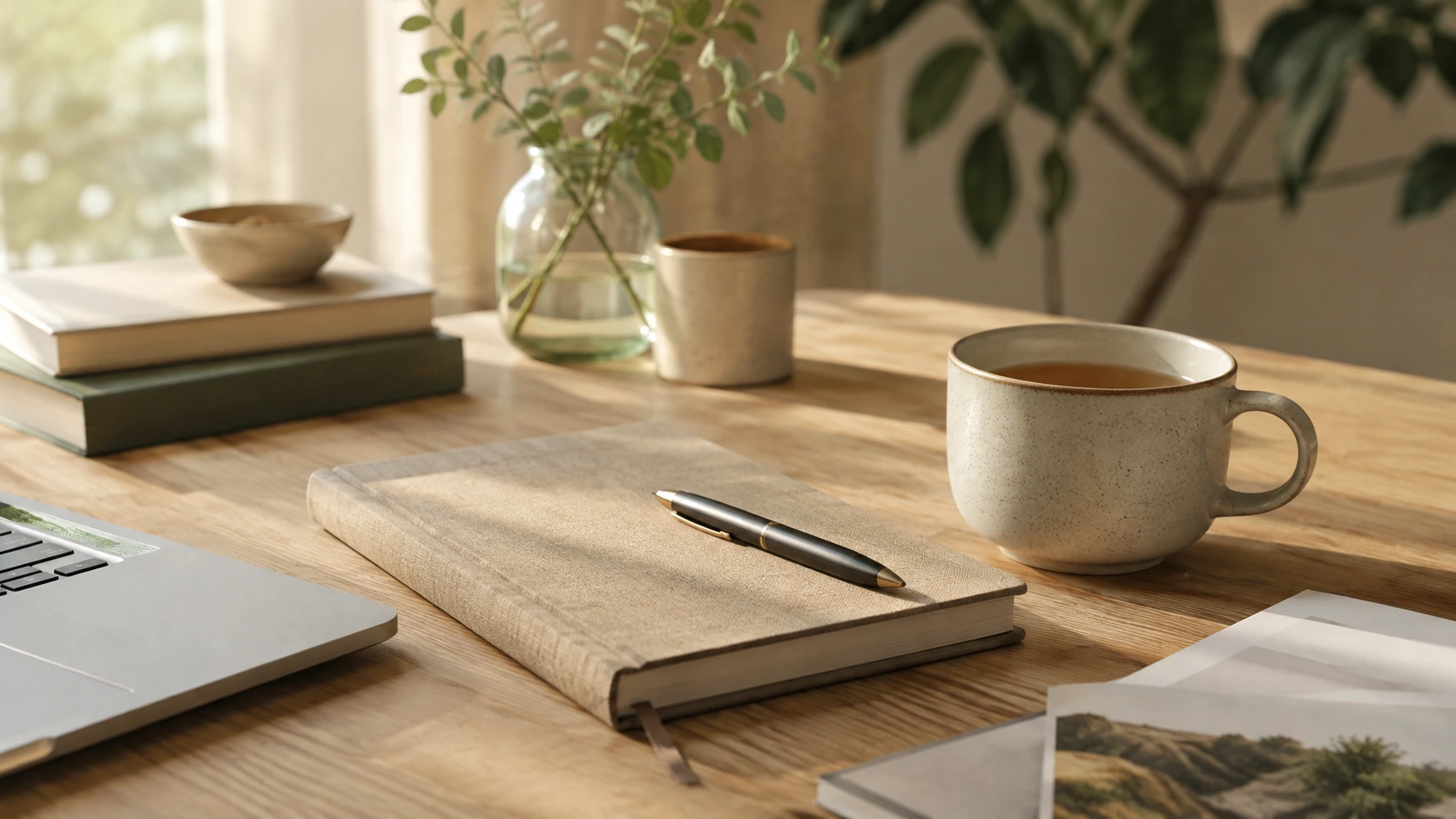 A calm sunlit workspace with a journal, pen, books, and warm neutral details.